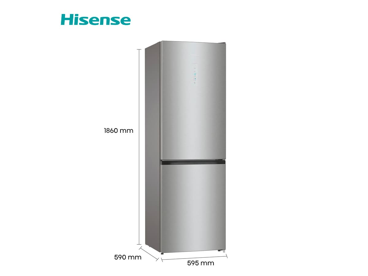 Refrigerador Hisense plateado, con dimensiones y nombre de la marca.
