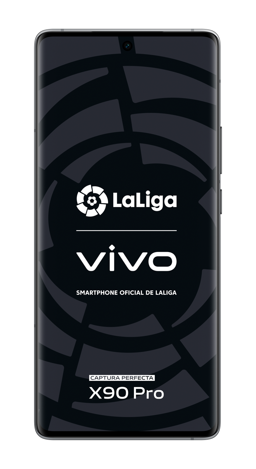 Smartphone con pantalla negra mostrando los logotipos de LaLiga y Vivo, con texto.