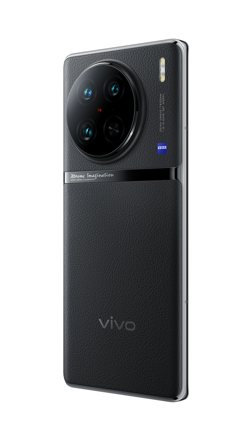 Smartphone Vivo negro con parte trasera similar al cuero y múltiples cámaras traseras. Fondo negro.