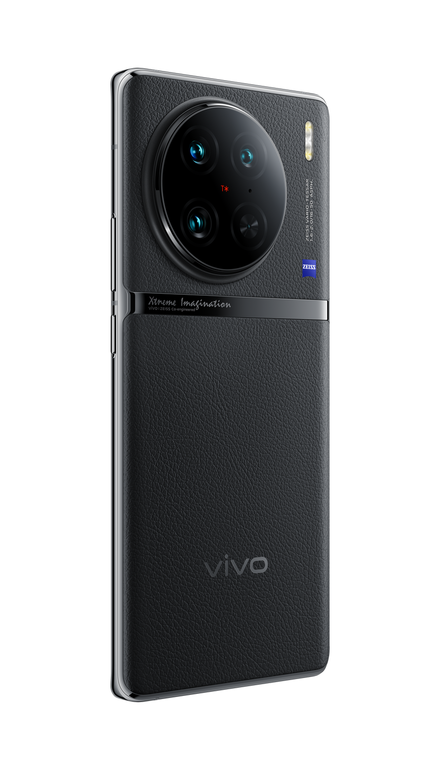 Smartphone negro con múltiples cámaras traseras. El teléfono tiene una parte trasera de cuero.