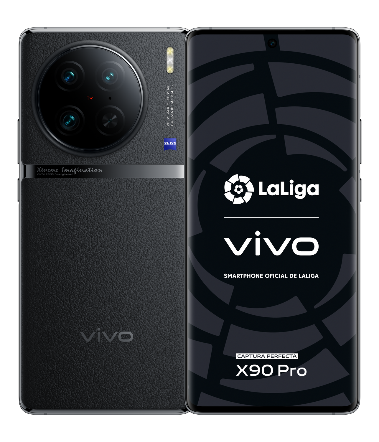 Smartphone Vivo X90 Pro negro, con parte trasera de cuero y triple cámara.