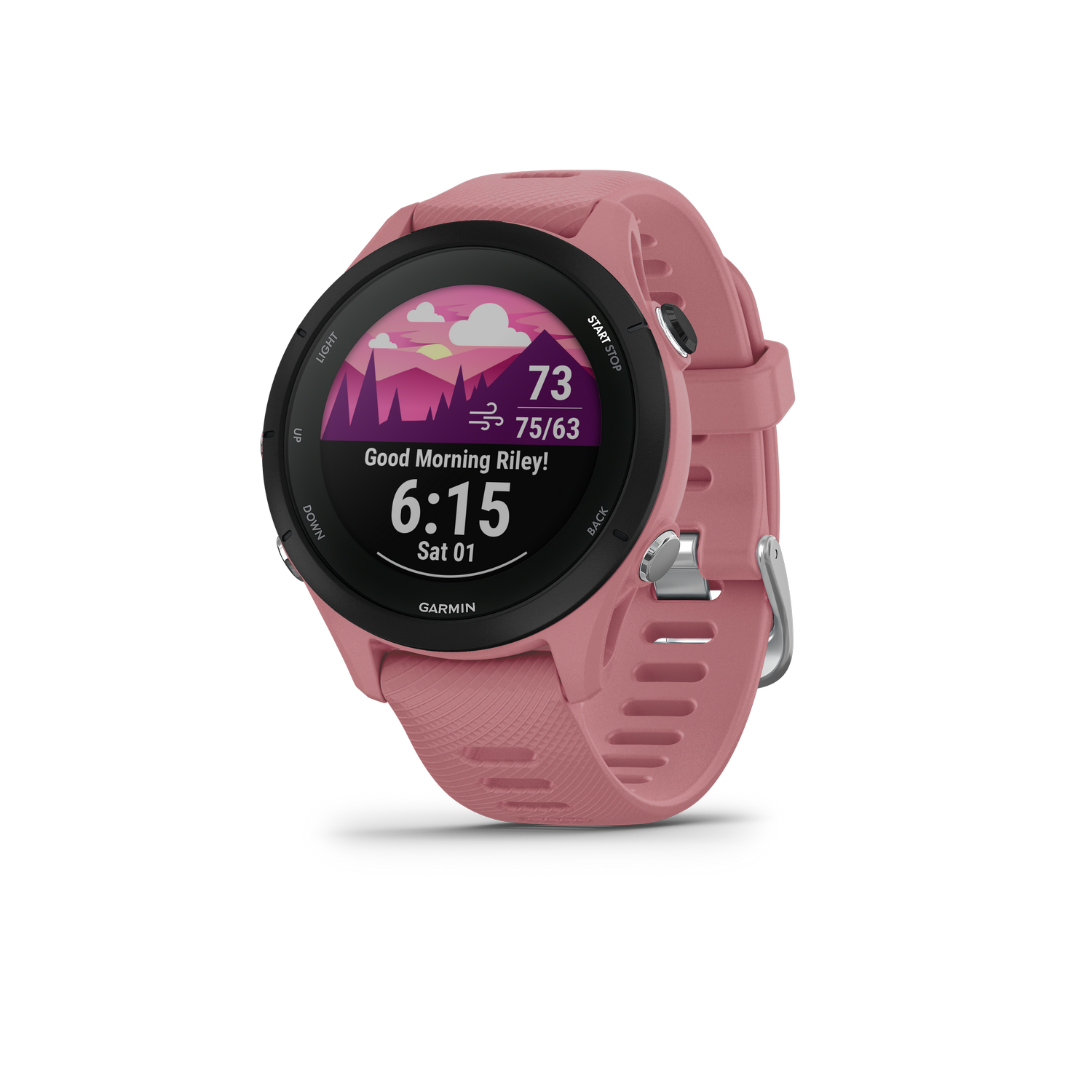 Reloj inteligente Garmin rosa sobre fondo negro. Muestra hora, fecha e información de frecuencia cardíaca.
