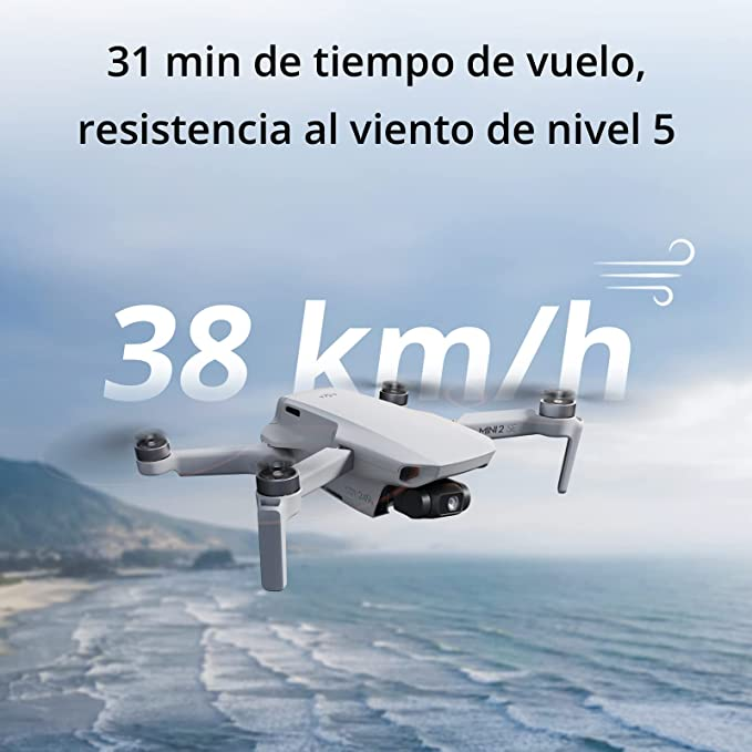 Un dron blanco con hélices sobre el mar. El texto muestra un tiempo de vuelo de 31 minutos y una velocidad de 38 km/h.