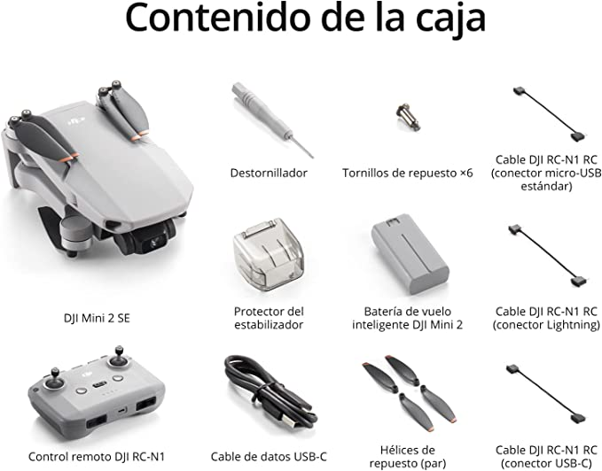 Contenido de la caja: dron, mando, destornillador, tornillos repuesto, protector estabilizador, batería, cables.
