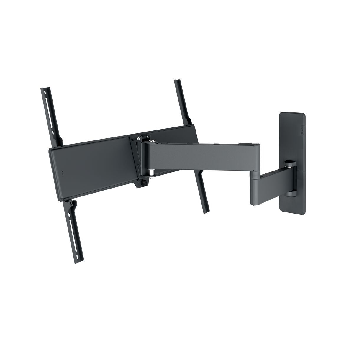 Un soporte de pared para un televisor, con un brazo negro que se extiende desde una placa de pared, en ángulo hacia la derecha.