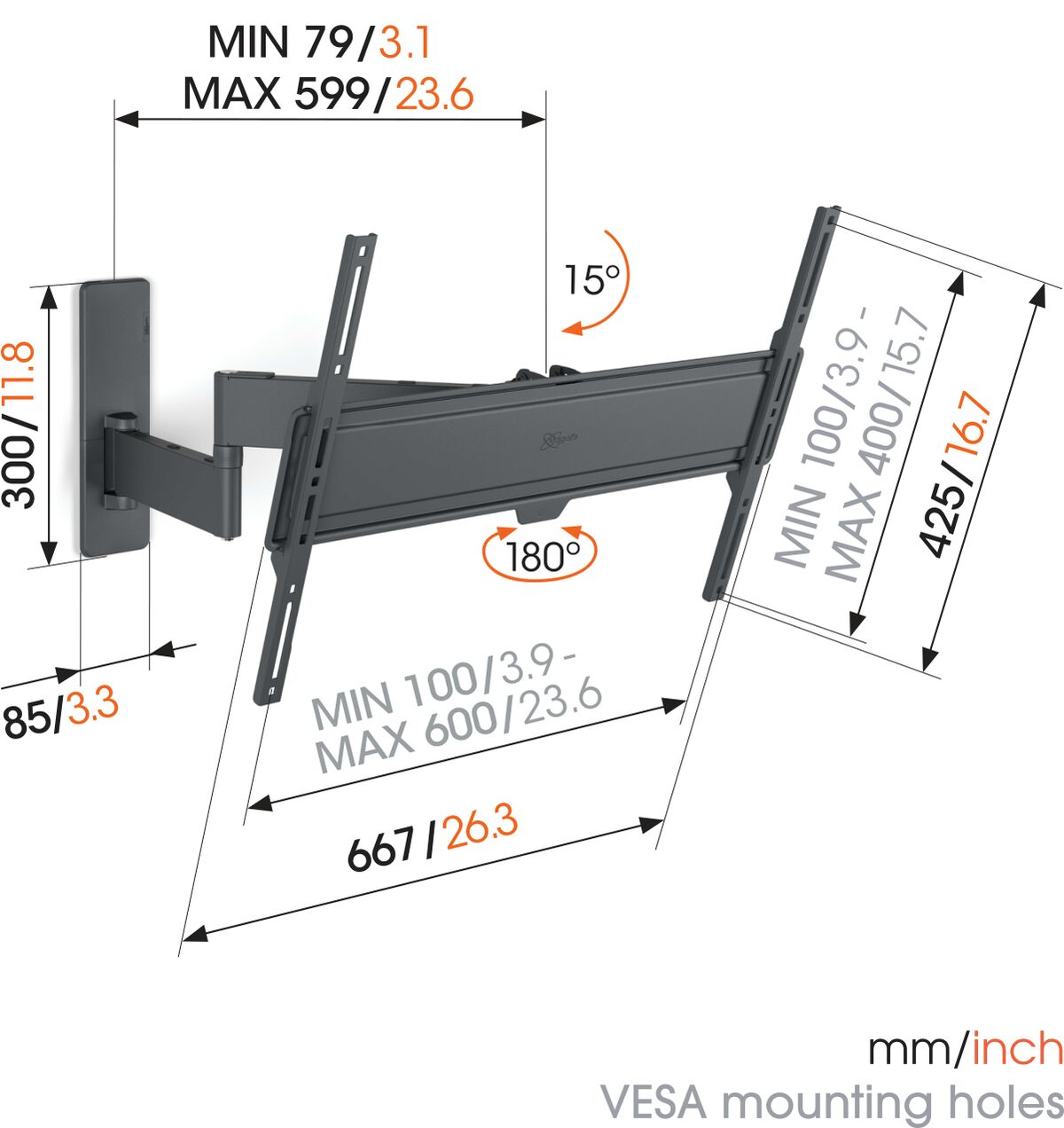 Soporte de TV con medidas. Muestra dimensiones en mm y pulgadas, con soporte negro.