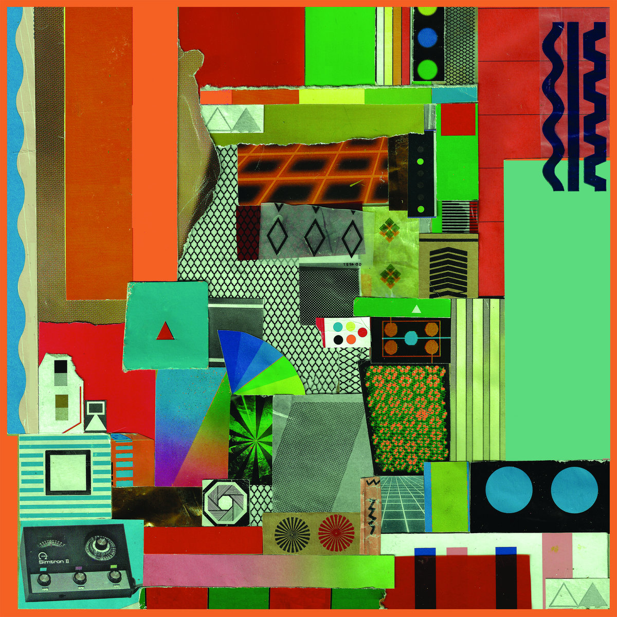 Abstracte collage met geometrische vormen, verschillende kleuren en texturen.