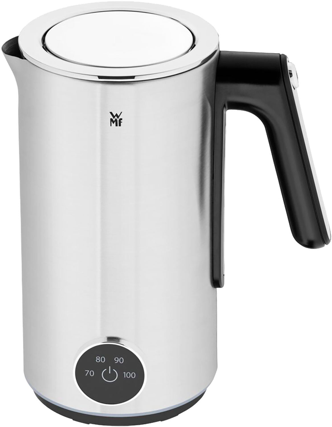 Stainless steel milk frother with black handle and temperature settings on the front.
