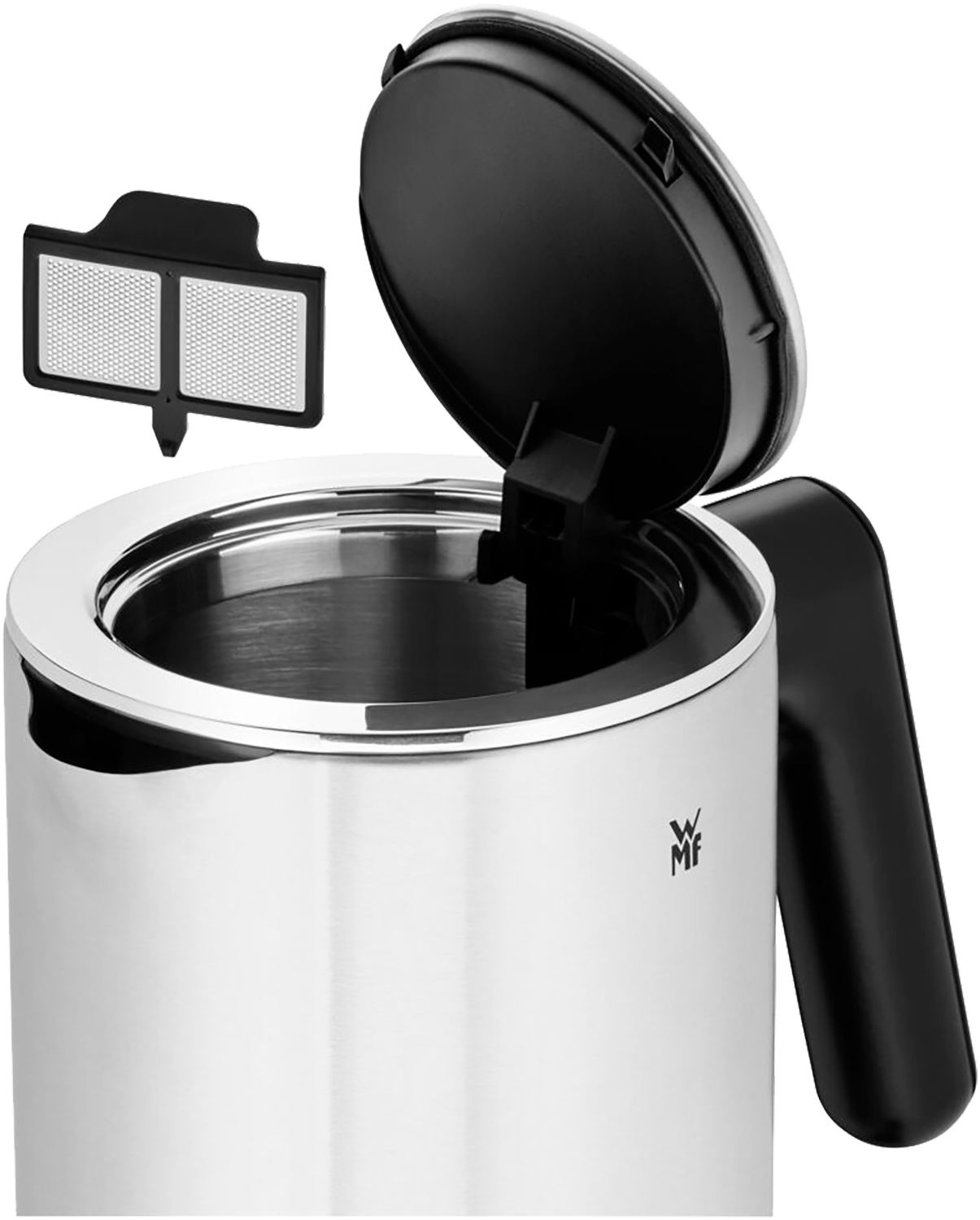 Stainless steel kettle with an open lid and a tea infuser.