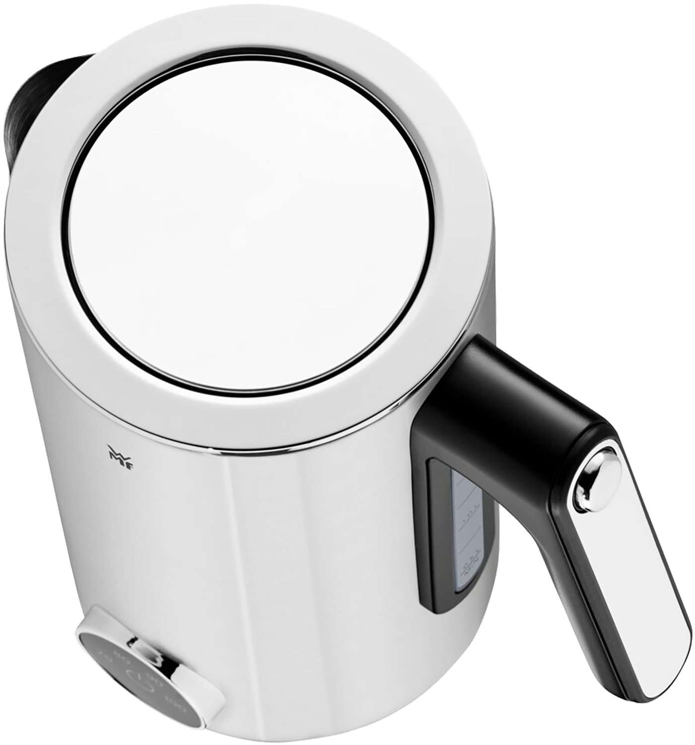 A white kettle with a black handle and a silver lid.