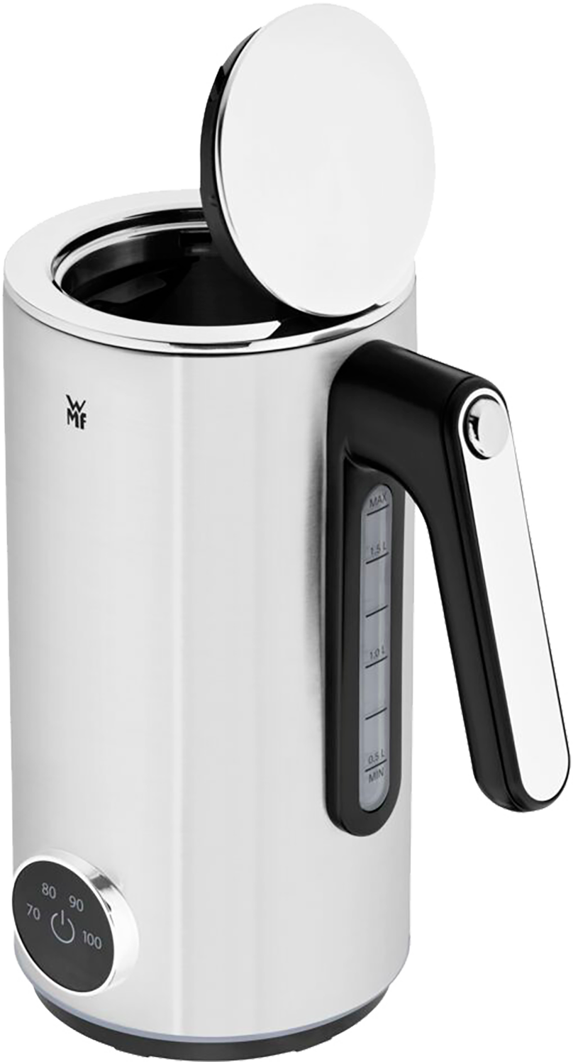 Stainless steel electric kettle with the lid opened. Black handle and control panel.
