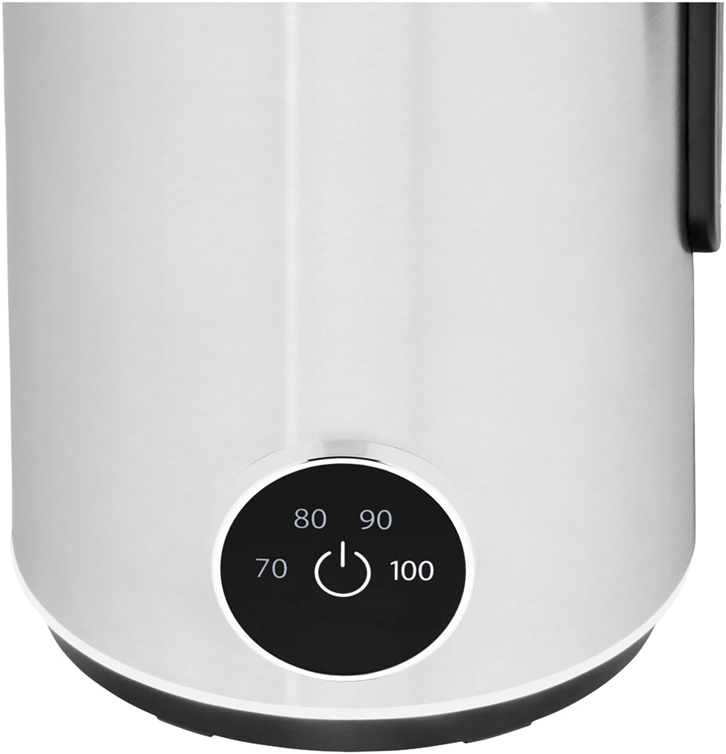 Close-up of a stainless steel kettle's base with a circular control panel displaying temperature settings.
