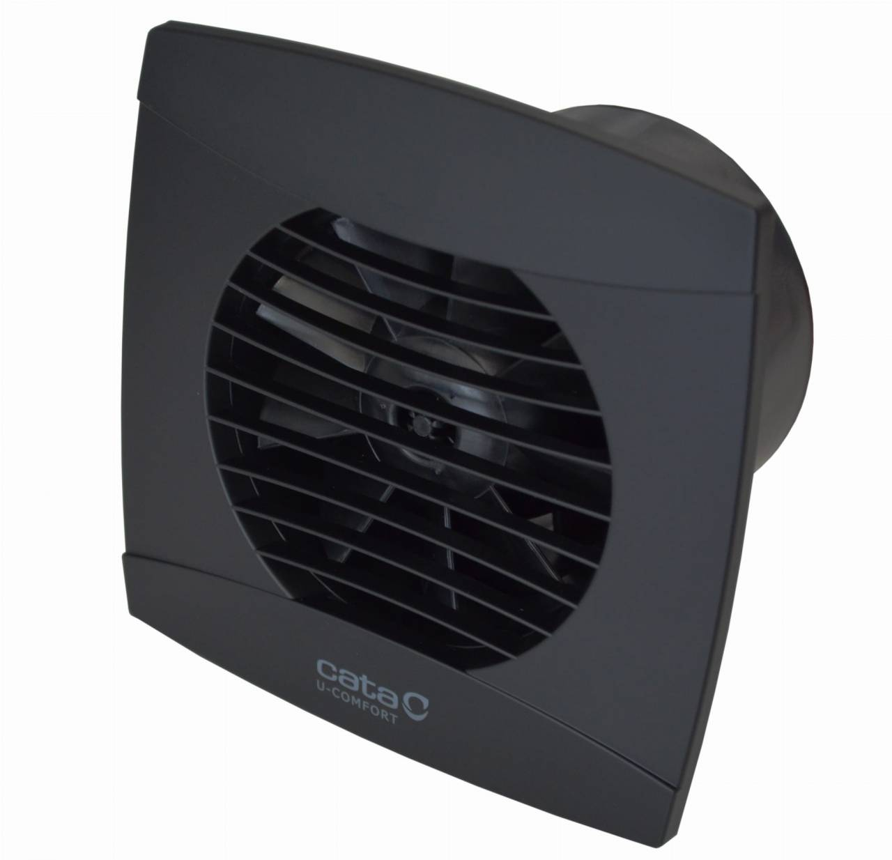 Fekete szögletes ventilátor kör alakú ráccsal és 'cato' logóval.