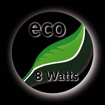 Eco 8 Watt jel. Egy zöld levél fekete körben fehér szöveggel.