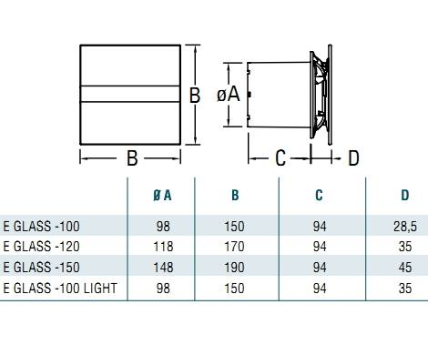 Diagram a méretekkel az E GLASS -100, -120, -150 és -150 LIGHT-hoz.