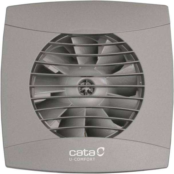 Négyzet alakú, szürke fali ventilátor lapátokkal. A 'cata c' és az 'U-COMFORT' felirat látható.