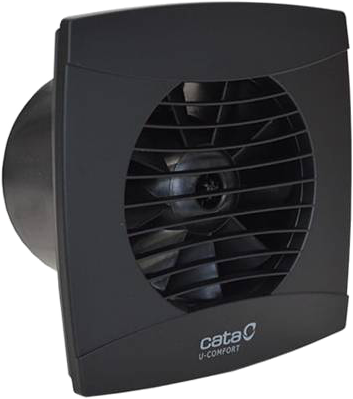Egy fekete Cata U-Comfort elszívó ventilátor, négyzet alakú, belül kör alakú ventilátorral. Falra szerelve.