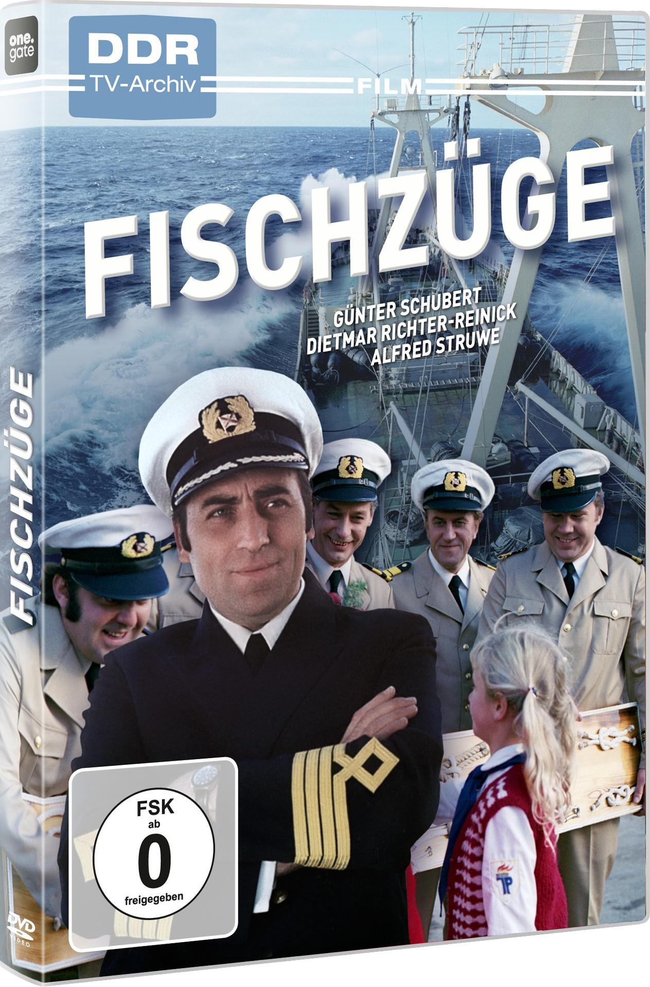 DVD-Cover: Filmplakat mit Seeleuten und einem Mädchen. Titel: Fischzüge.