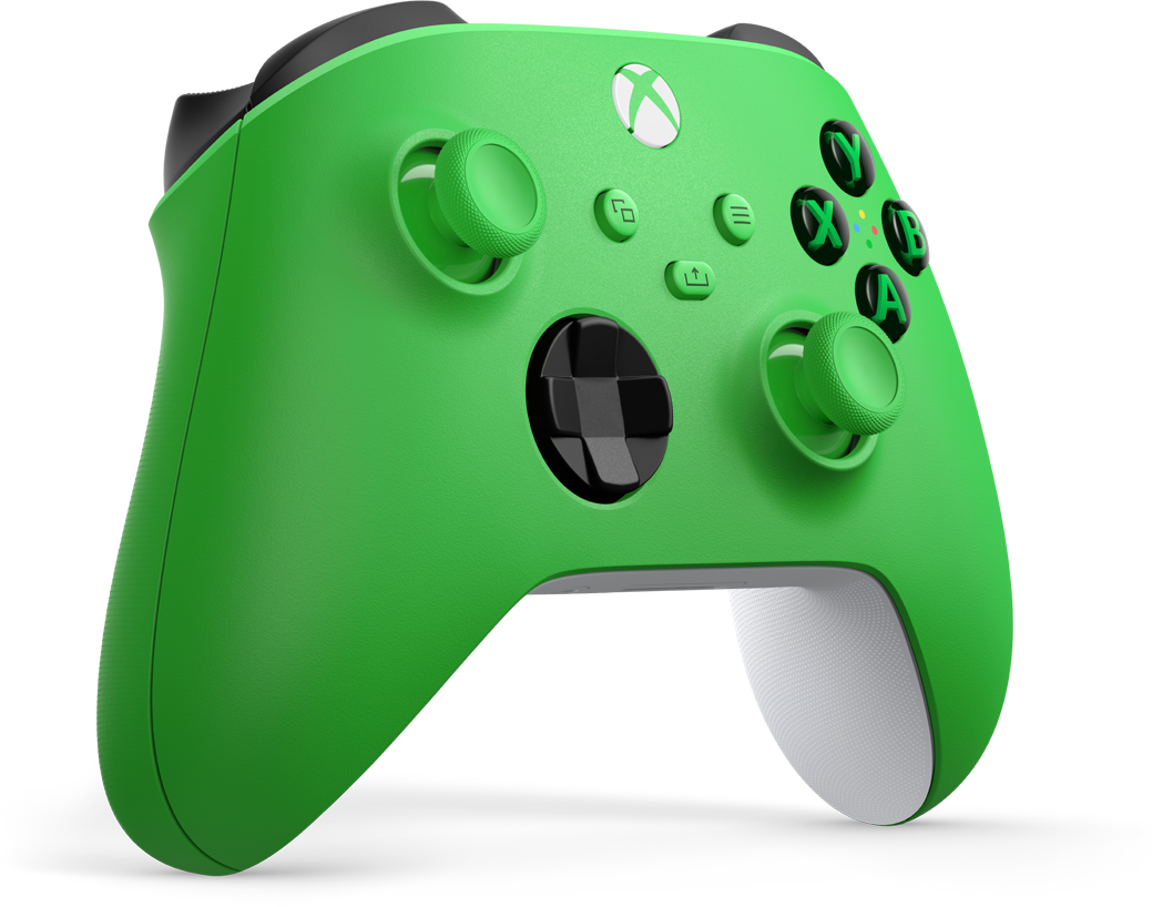 Zöld Xbox kontroller fekete gombokkal és karokkal, fehér díszítéssel és feliratozott gombokkal.