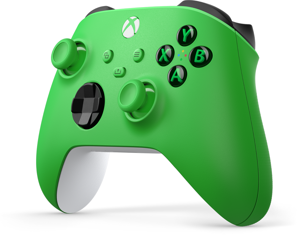 Zöld Xbox kontroller fekete gombokkal és joystickokkal. Az Xbox logó látható.