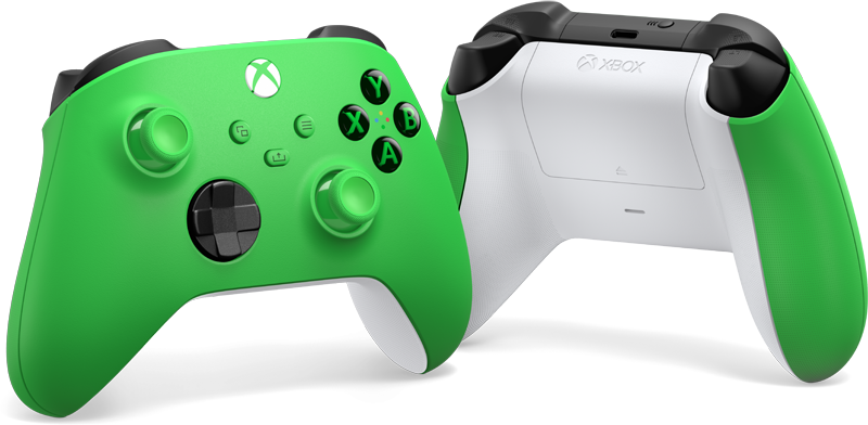 Zöld Xbox vezérlő, elülső és hátsó nézet, gombokkal és fehér hátlappal.