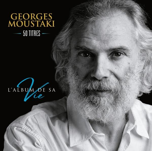 Boekomslag: Georges Moustaki, met portret en tekst in het Frans. Zwarte achtergrond.