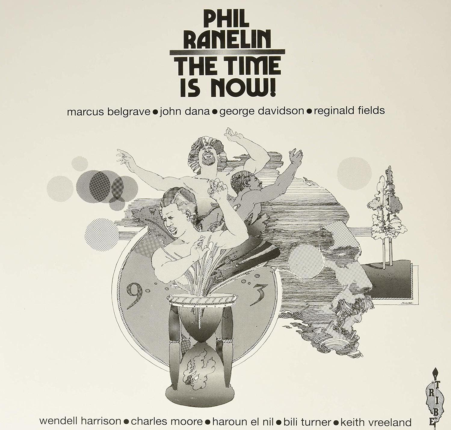 'The Time Is Now!' album borító, Phil Ranelin, absztrakt figurákkal és szöveggel.