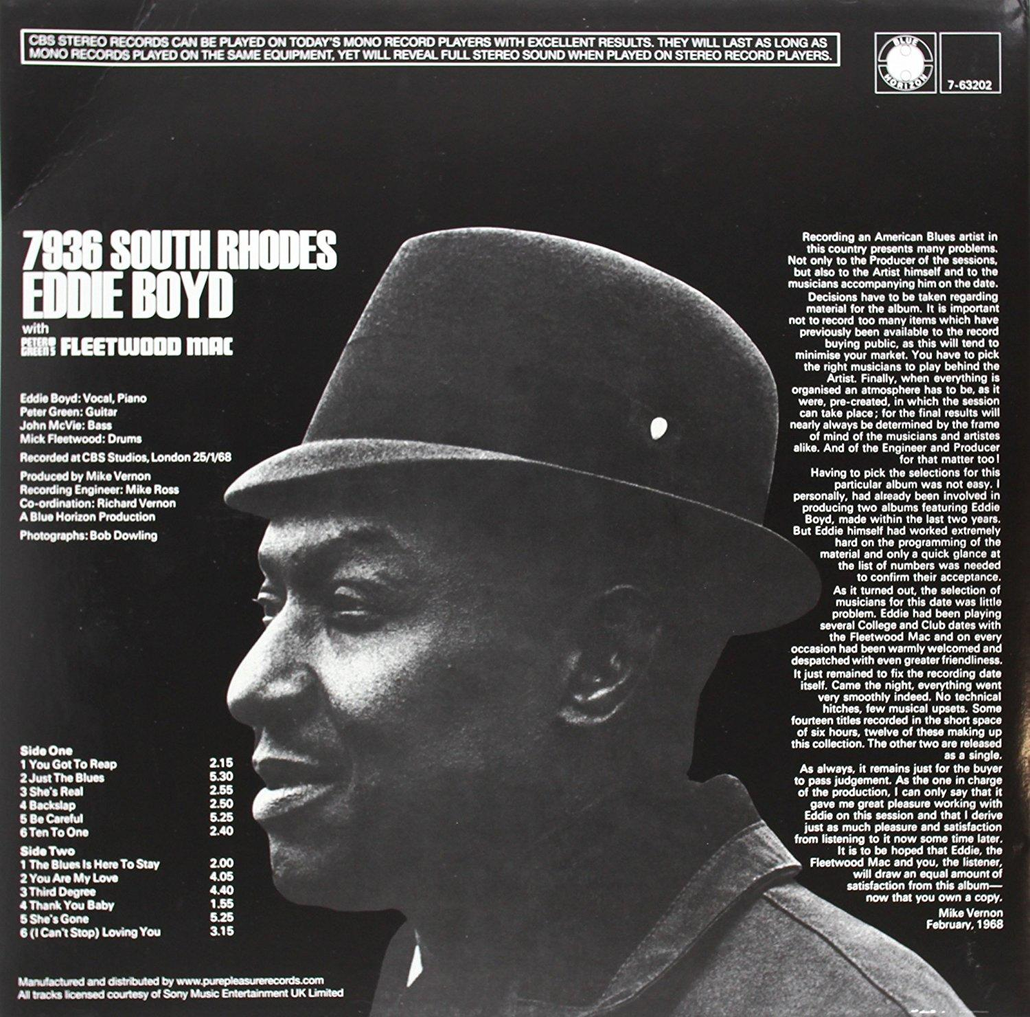 Album borítója. Fekete-fehér fotó kalapos férfiról. A szöveg az '7936 South Rhodes' albumot részletezi Eddie Boyd-tól.