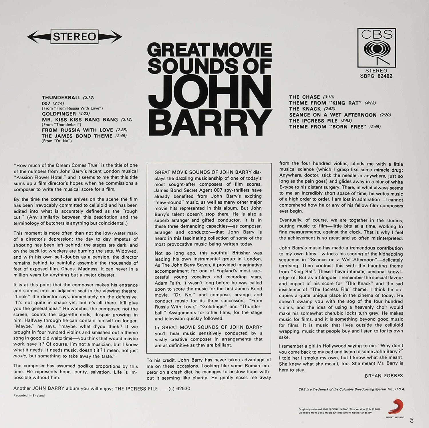 Vintage album borító a "Great Movie Sounds of John Barry"-hez, szöveggel.
