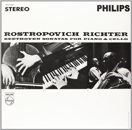 Album borító: Rostropovich Richter, Beethoven Sonáták zongorára és csellóra, zenészekkel és zongorával.