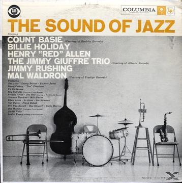 A 'The Sound of Jazz' album borítója. Count Basie, Billie Holiday és hangszerek, mint nagybőgő, dobok és trombita.