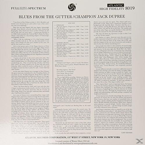 Album borító szöveggel. Cím: Blues from the Gutter/Champion Jack Dupree. Atlantic Records logó. Fehér háttér.