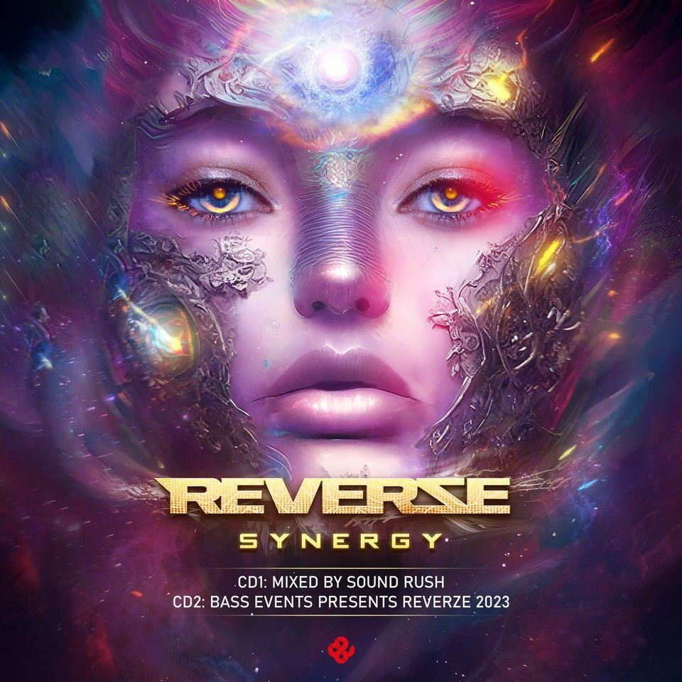 Pochette d'album abstraite. Un visage avec des yeux. Texte : REVERSE SYNERGY.