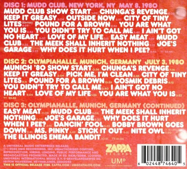 Album-Trackliste mit mehreren Songs. Zappa Records Logo ist sichtbar.