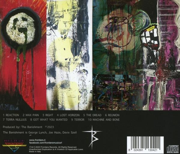 CD-Rückseite mit abstrakter Kunst und Trackliste. Der Künstler ist The Banishment und das Label ist Frontiers.