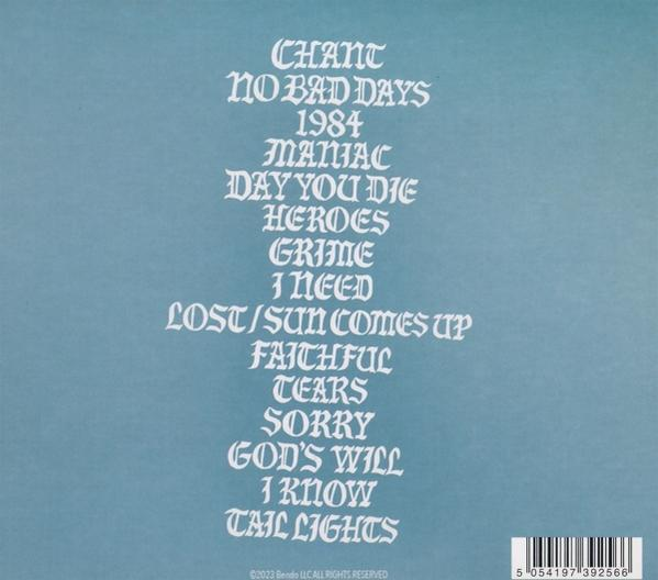 CD-Rückseite mit Songtiteln. Der Text ist weiß auf hellblauem Hintergrund.