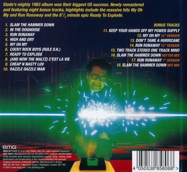 Rückseite einer CD mit Trackliste und einem Mann mit Blitzen.