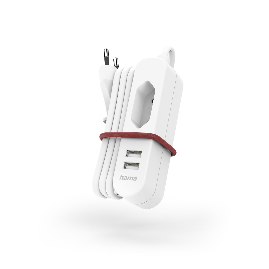 Ein weißer Netzadapter mit zwei USB-Anschlüssen und einem roten Band, mit weißem Kabel und Stecker.