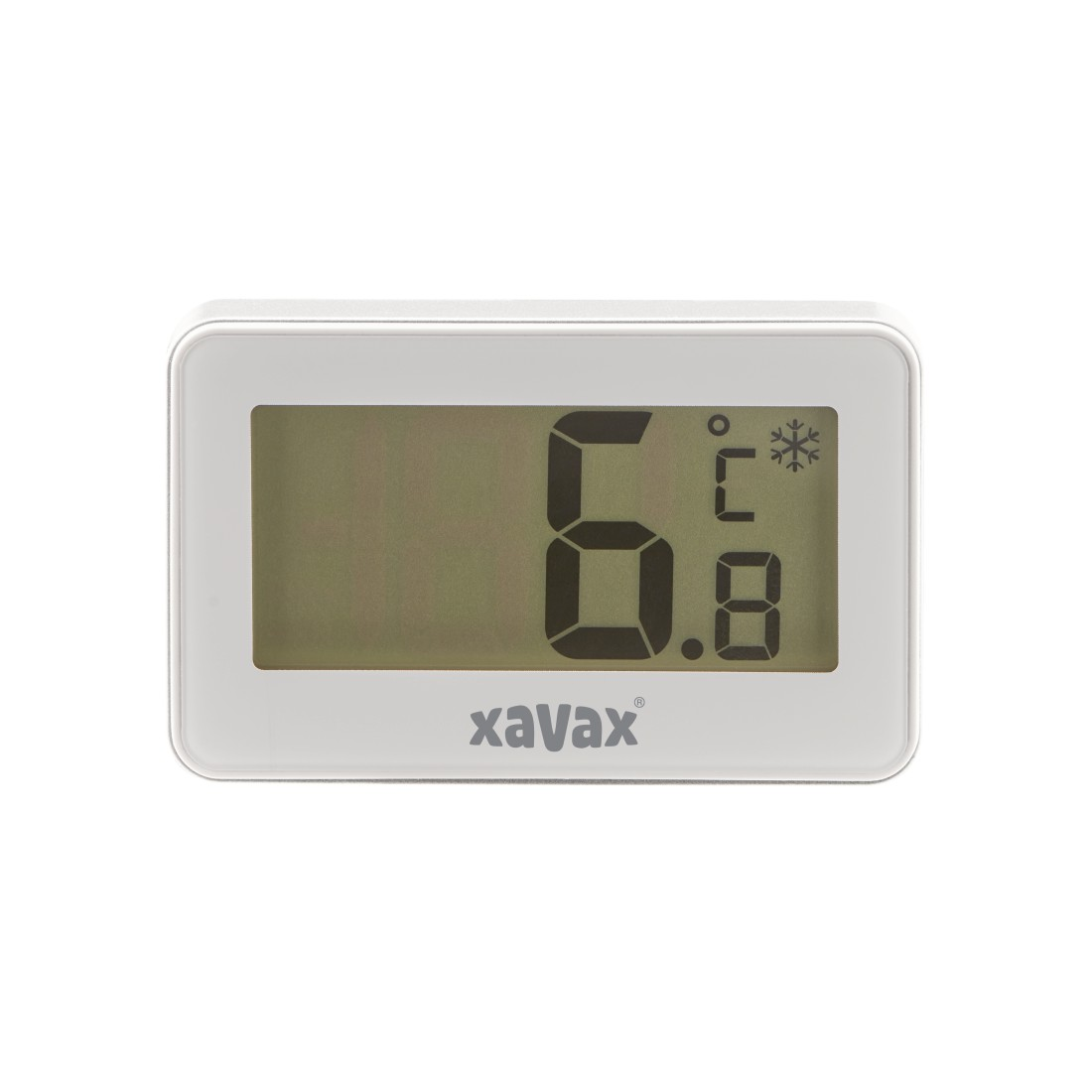 Ein weißes digitales Thermometer, das 6,8 Grad Celsius anzeigt. Der Markenname 'xavax' ist sichtbar.
