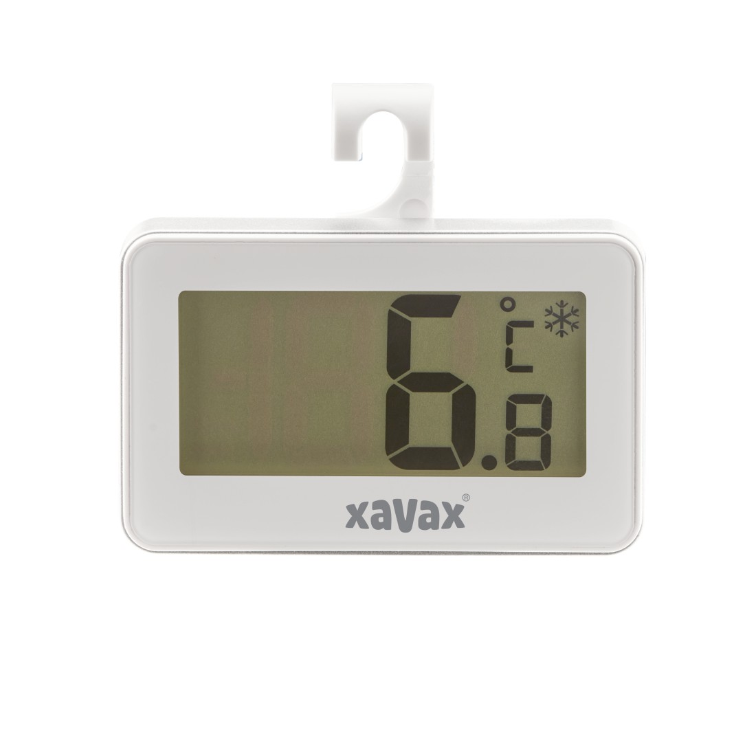 Weißes Digitalthermometer mit Haken. Zeigt die Temperatur als 6,8 Grad Celsius an.