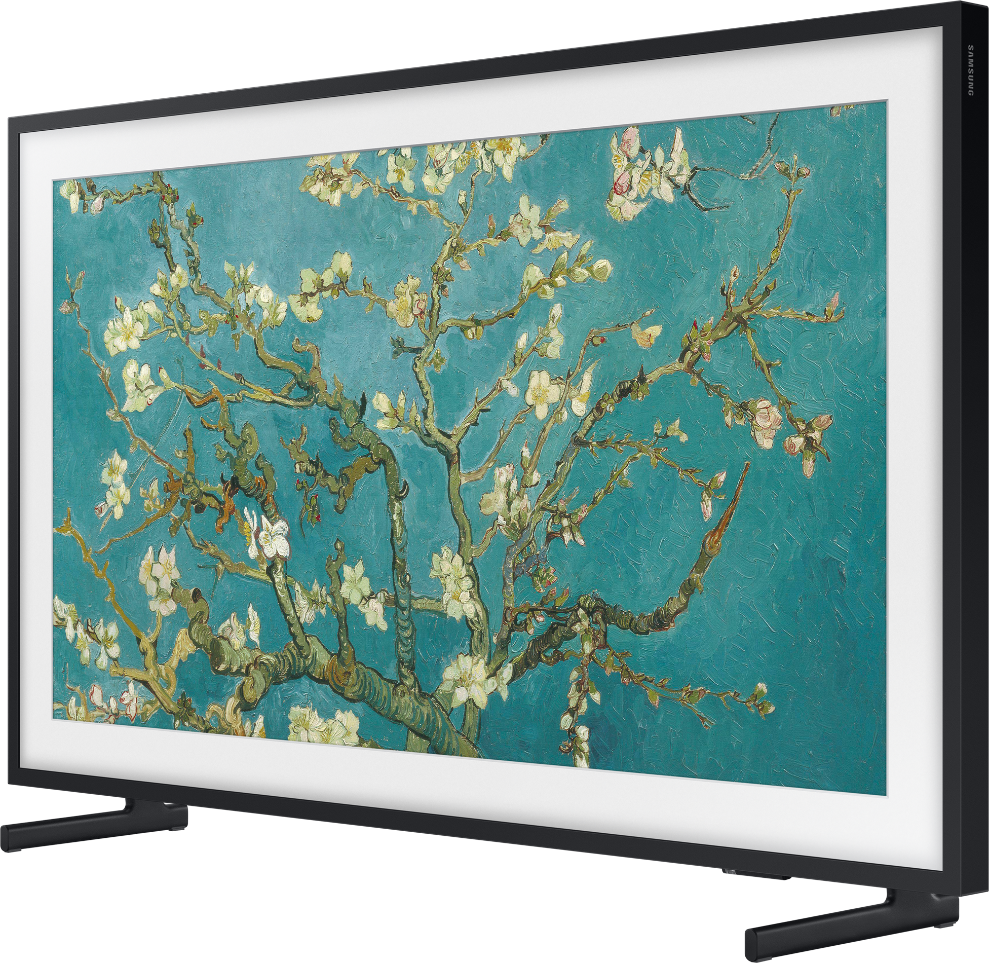 Ein Samsung-Fernseher zeigt ein Gemälde von Mandelblüten auf blauem Hintergrund, in einem schwarzen Rahmen.
