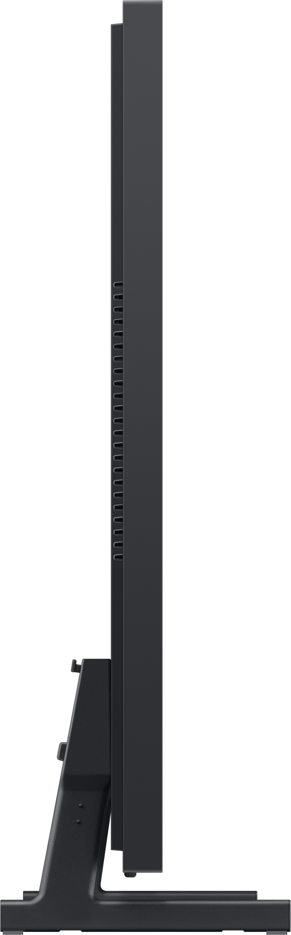 Seitenansicht eines schwarzen Fernsehbildschirms auf einem Ständer, der ein schlankes Design zeigt.