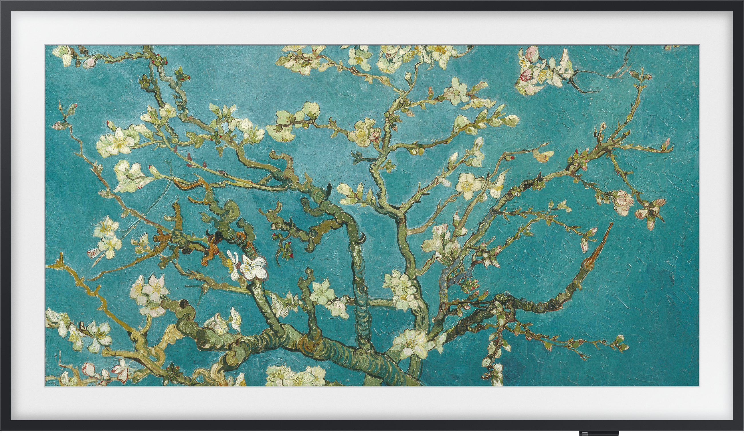 Un'opera incorniciata di 'Fioritura di mandorlo' di Van Gogh. Uno sfondo turchese con rami fioriti.