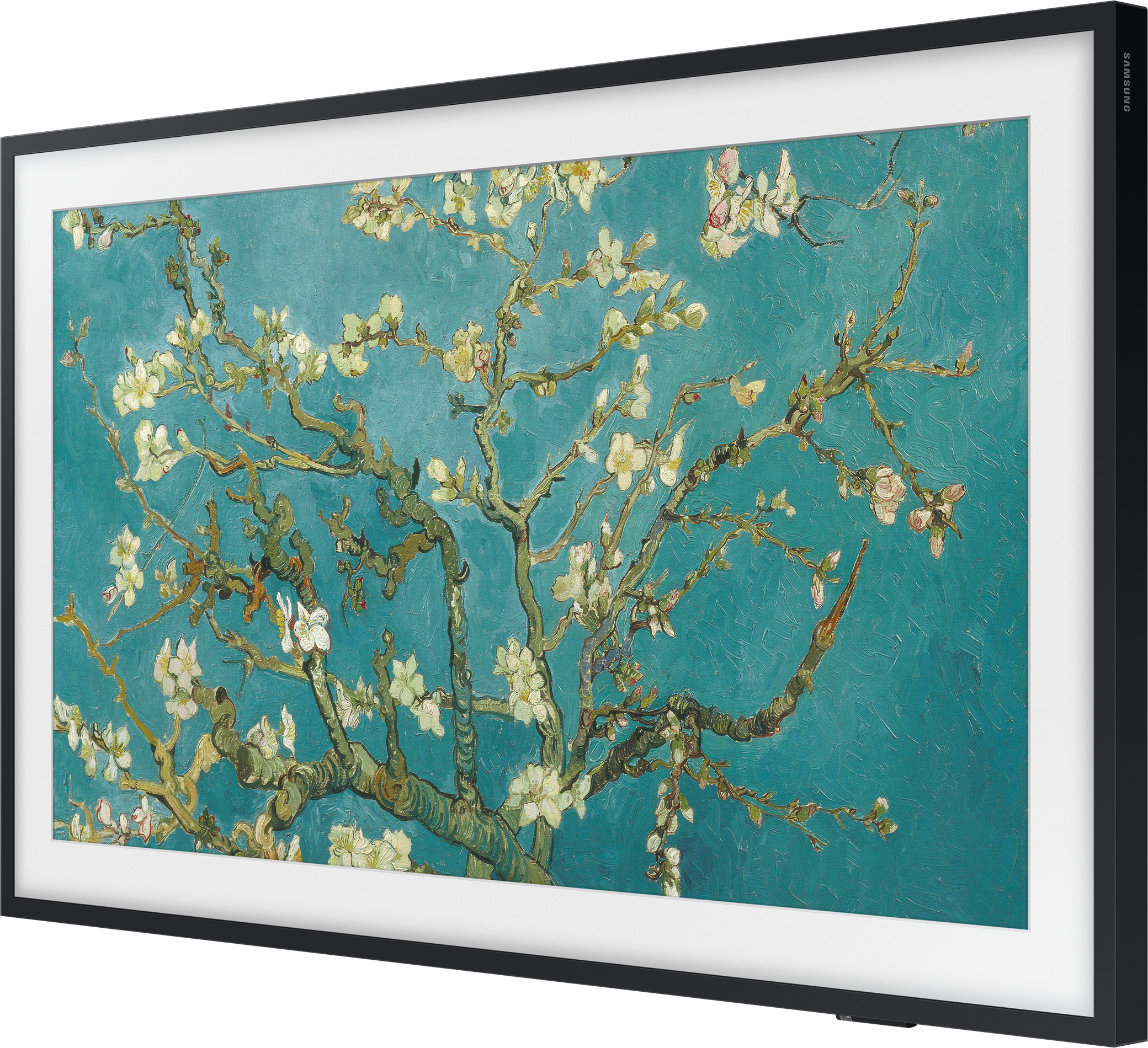 Una TV con cornice mostra un dipinto di un albero in fiore su sfondo teal.