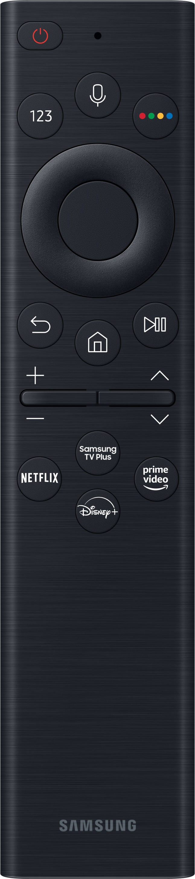 Un telecomando TV Samsung nero con più pulsanti. Dispone di un pad di navigazione circolare.