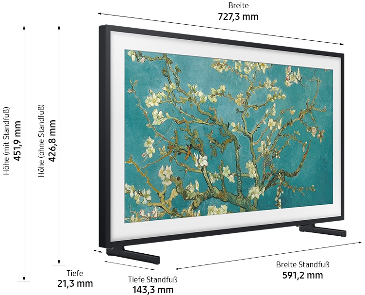 Un televisore che mostra un dipinto di Van Gogh, con misure e dimensioni.