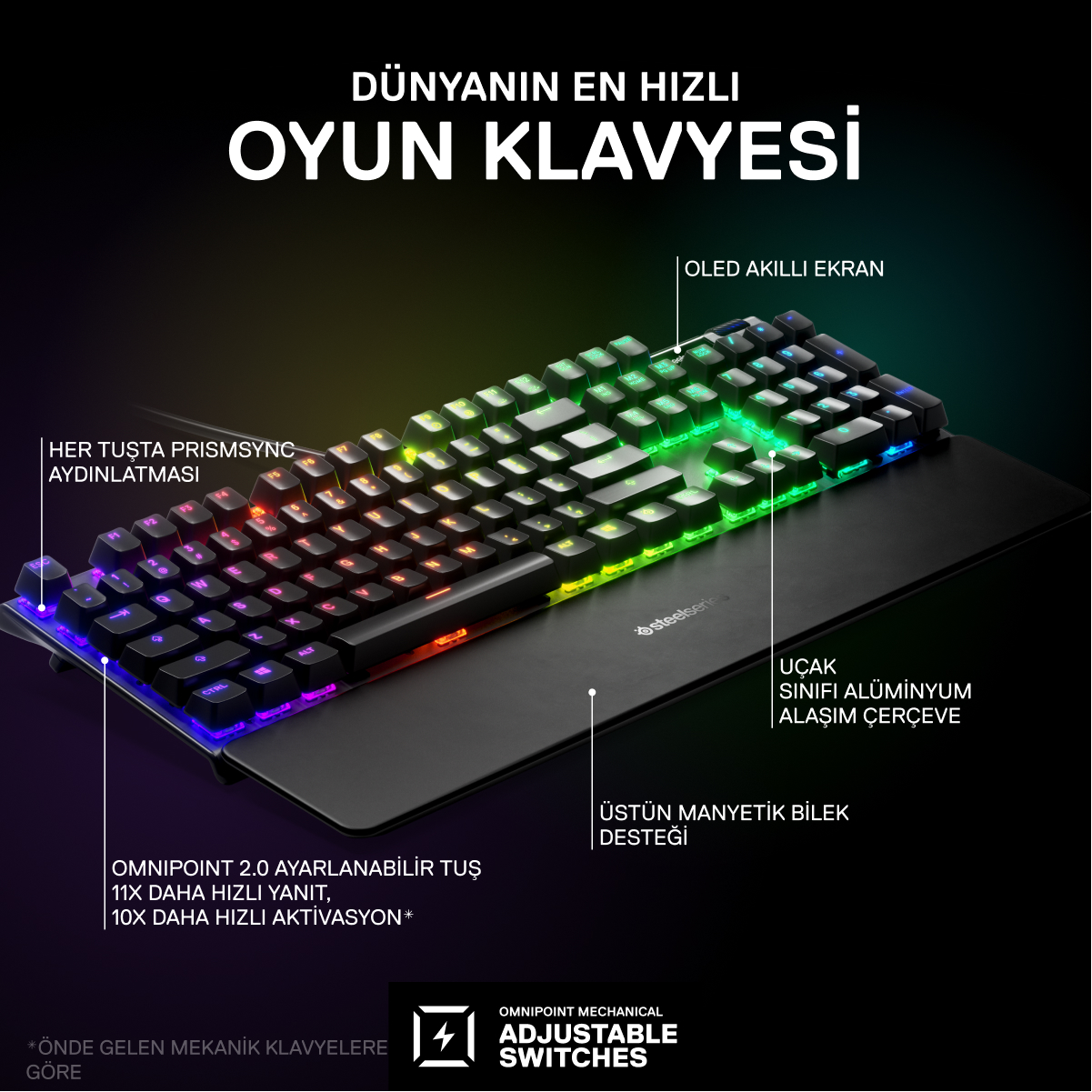 Çok renkli tuşlara ve metin etiketlerine sahip siyah oyun klavyesi.