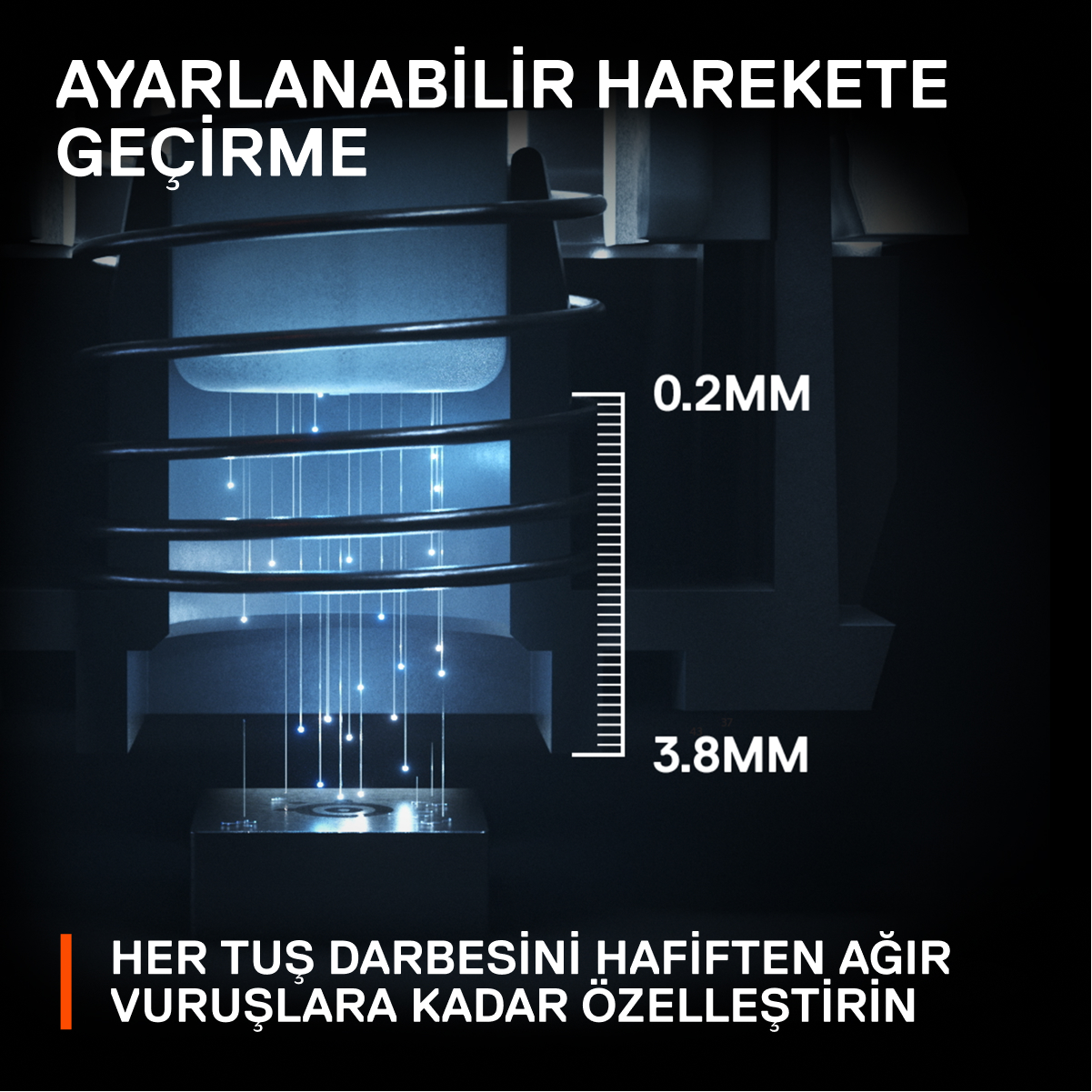 Yaylı ve ayarlanabilir tuş vuruşlu bir mekanizmanın yakın çekimi.