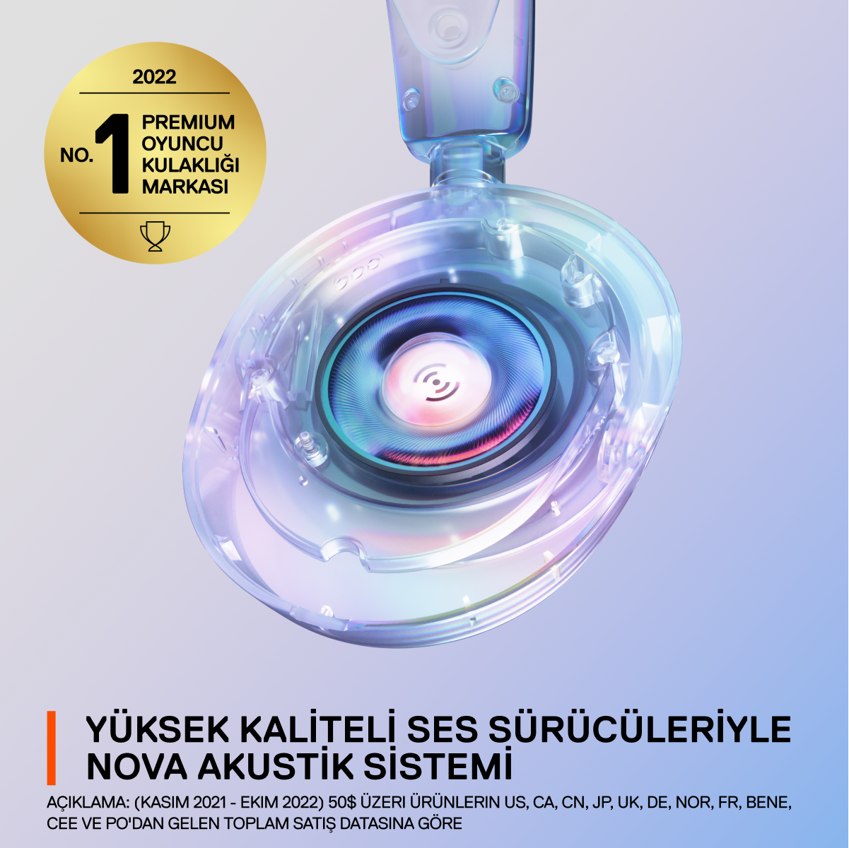 Şeffaf tasarımlı kulaklıklar ve 'No.1 Premium Oyuncu Kulaklığı' yazan altın renkli bir rozet.