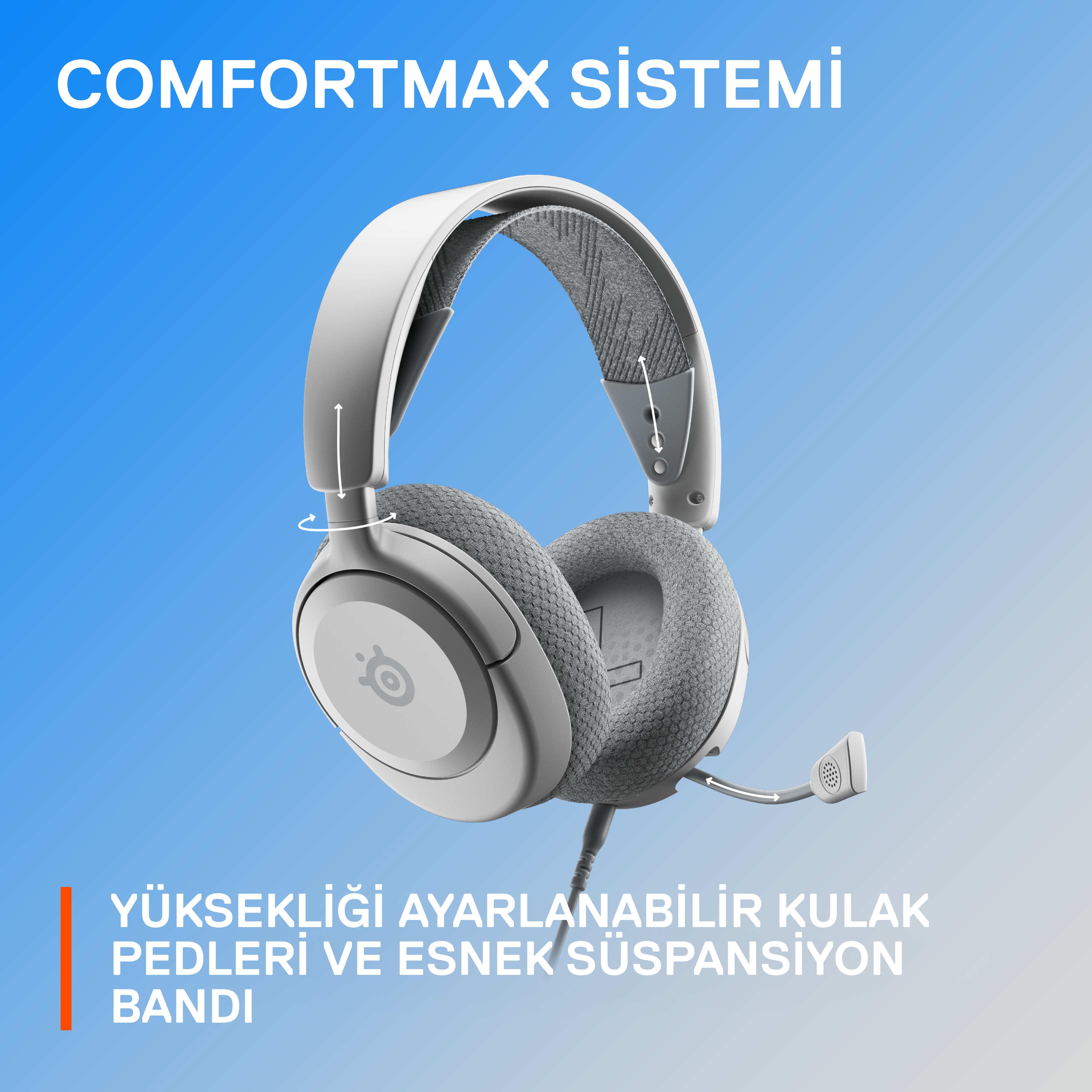 Gri kulaklıklı beyaz kulaklık, Türkçe metin. Mavi-beyaz gradyan arka plan.